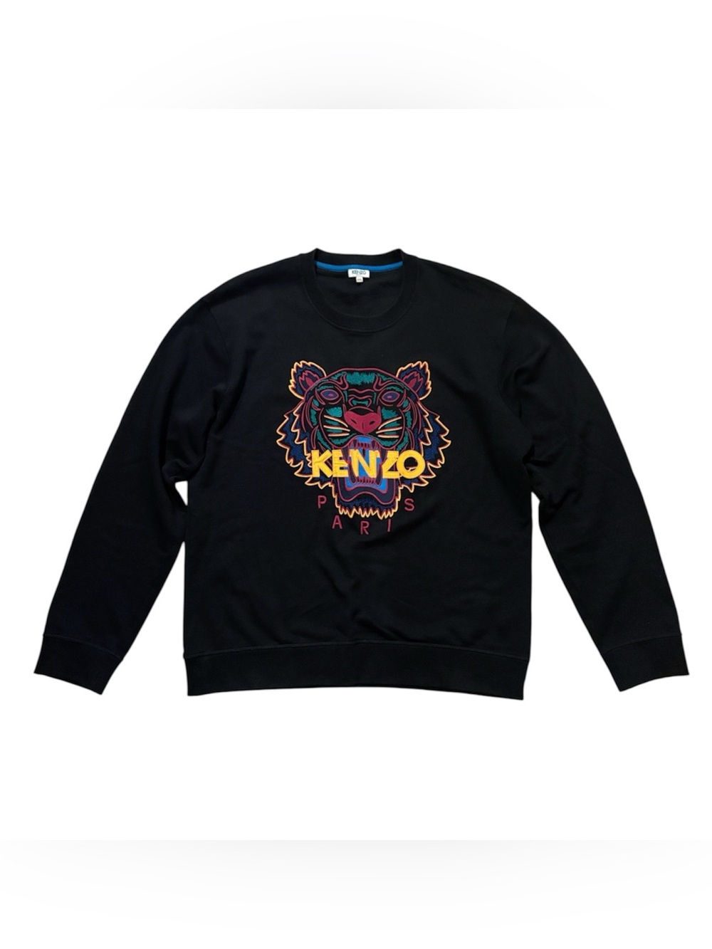 Kenzo Black Crewneck Sweater with Multicolor Tiger Patch